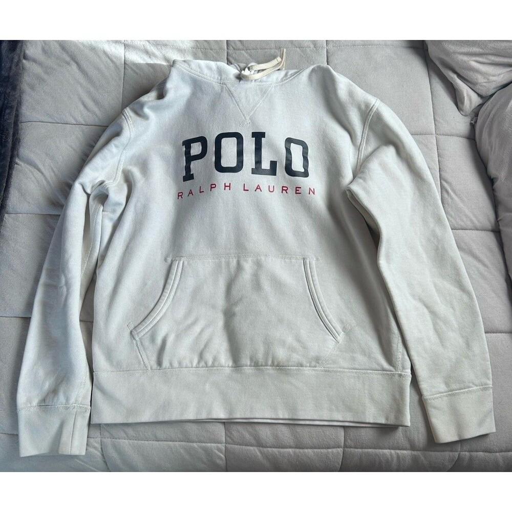 New POLO RALPH LAUREN Men's POLO LOGO Fleece Pullover Hoodie White SZ L Preppy